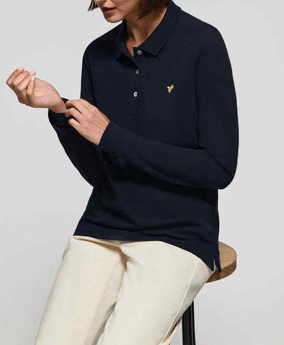 Dark navy fitted long-sleeve polo shirt with button placket and embroidered logo