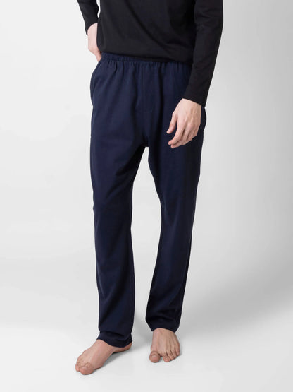 Men's navy cotton drawstring sweatpants, elastic waist and tapered legs
