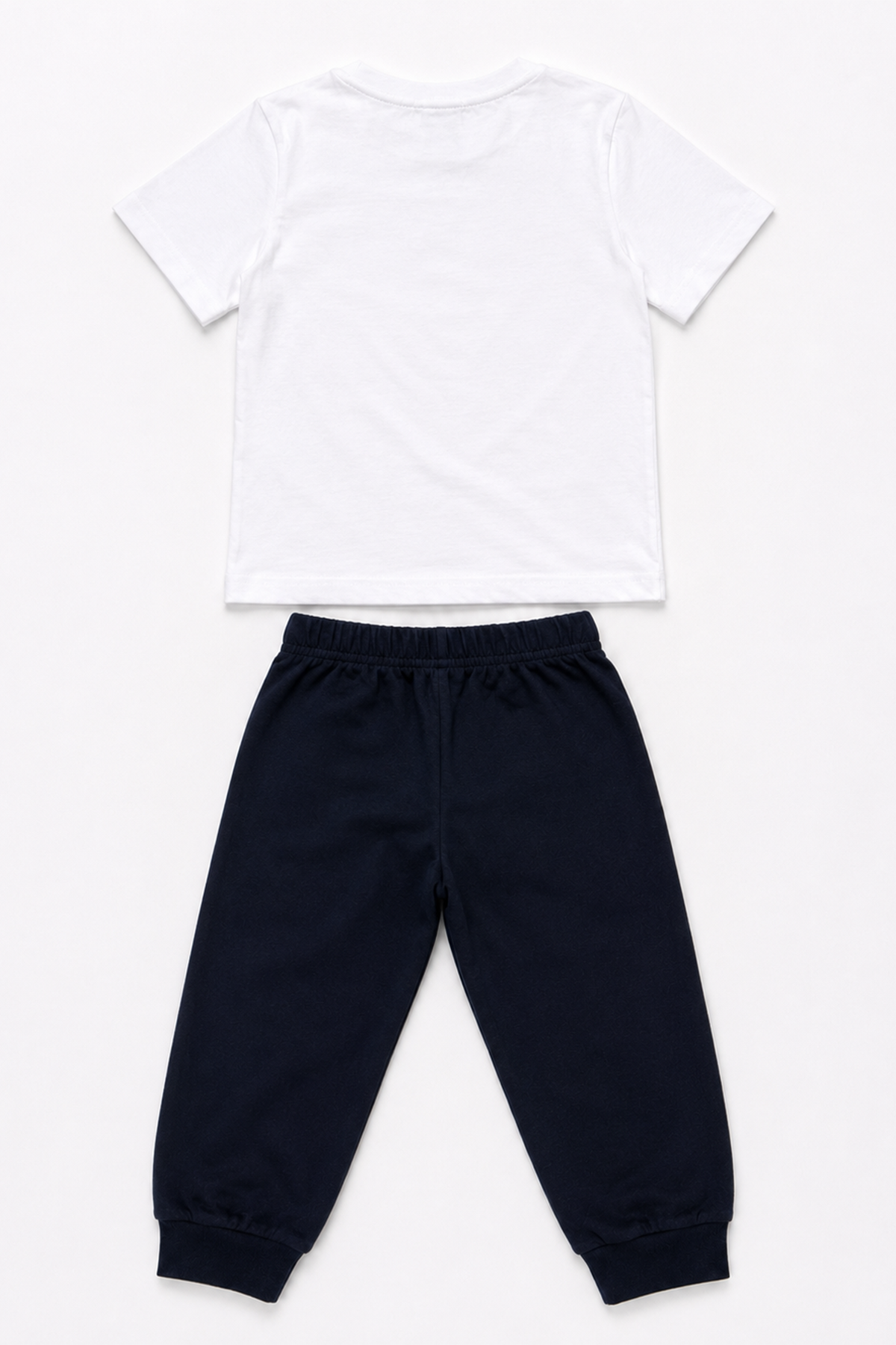 Kids white plain T-shirt and navy jogger pants set, elastic waist and cuffed legs.