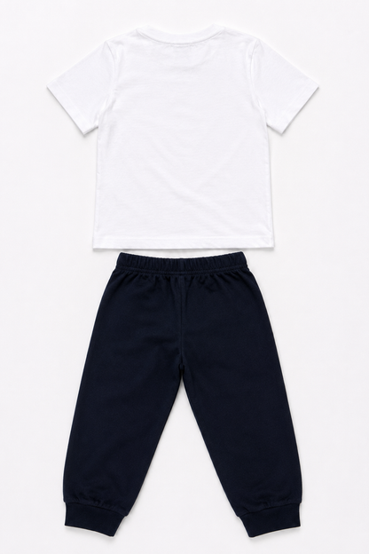 Kids white plain T-shirt and navy jogger pants set, elastic waist and cuffed legs.