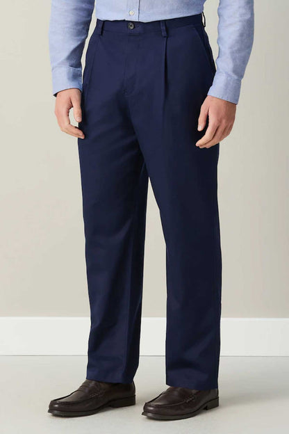 Navy suit trousers, full-length front view with belt loops