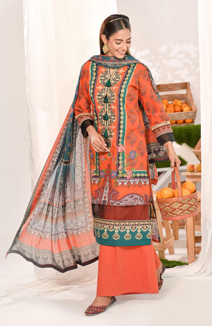 Embroidered orange kurta set with teal-gold ornament print, matching pants, flowing gray dupatta