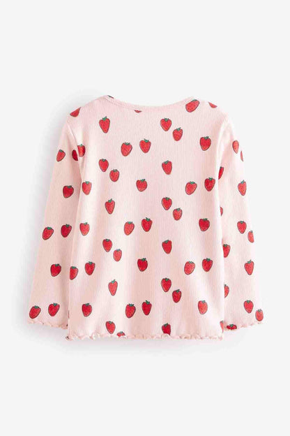 Kids' pink long-sleeve top with strawberry print, round neckline