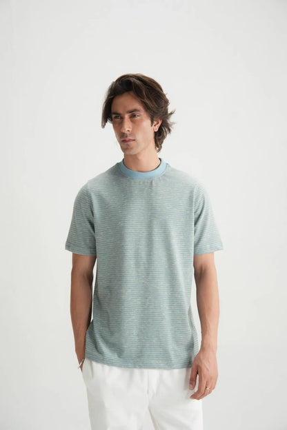 Men's light blue striped crewneck T-shirt, short sleeves and regular fit