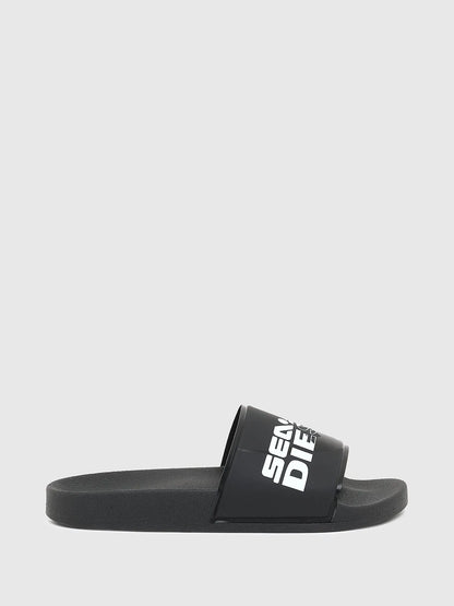 Diesel black slide sandals with bold logo strap