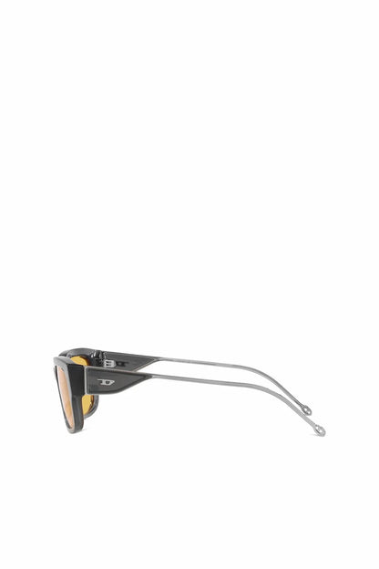 Side view sunglasses with dark frame, amber tinted lenses, silver metal arms