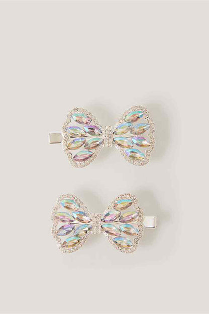 Iridescent bow hair clips with silver-tone snap bars, pair
