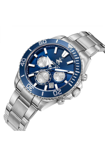 BHPC silver wristwatch angled view, blue dial with subdials and metal bracelet
