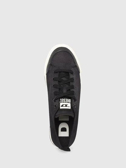 Black Diesel low-top sneaker showing side sole and large tongue D logo