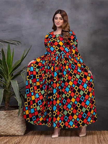 Geometric print long-sleeve maxi dress in multicolor squares with gathered waist