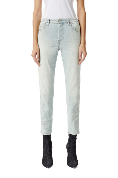 Light blue straight-leg jeans with button fly and belt loops, front view.