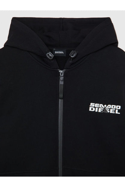 Black zip-up hoodie with hood, zipper pull, and small chest logo