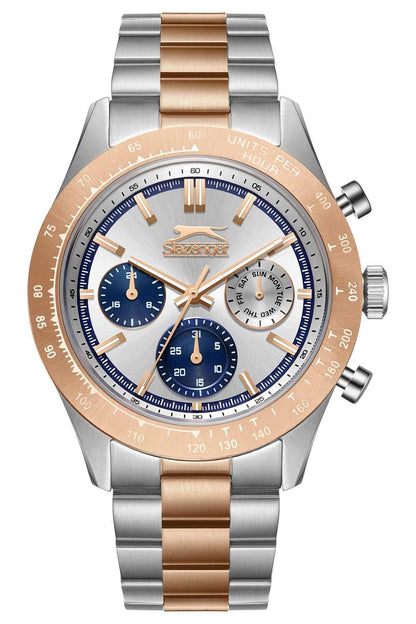Round chronograph wristwatch with blue dial, gold bezel, and silver/rose-gold steel strap