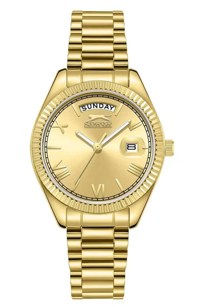 SLAZENGER gold wristwatch with gold dial, Roman numerals, and day/date window