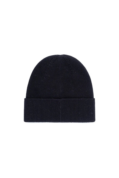 Black knit beanie, ribbed cuff and plain dome crown