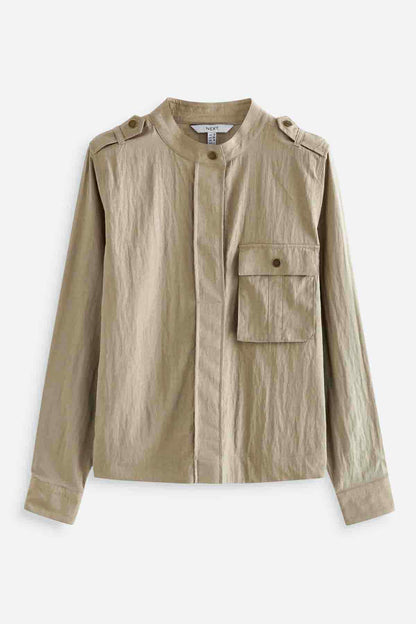Khaki green button-front utility jacket with chest flap pockets and shoulder tabs