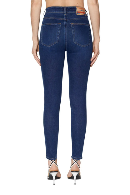 Blue denim jeans, slim fit, back view with two patch pockets and belt loops