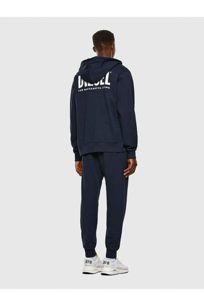 Dark blue Diesel zip-up hoodie from back view with slogan logo print