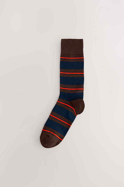 Brown and navy striped crew sock with red-orange and green horizontal bands