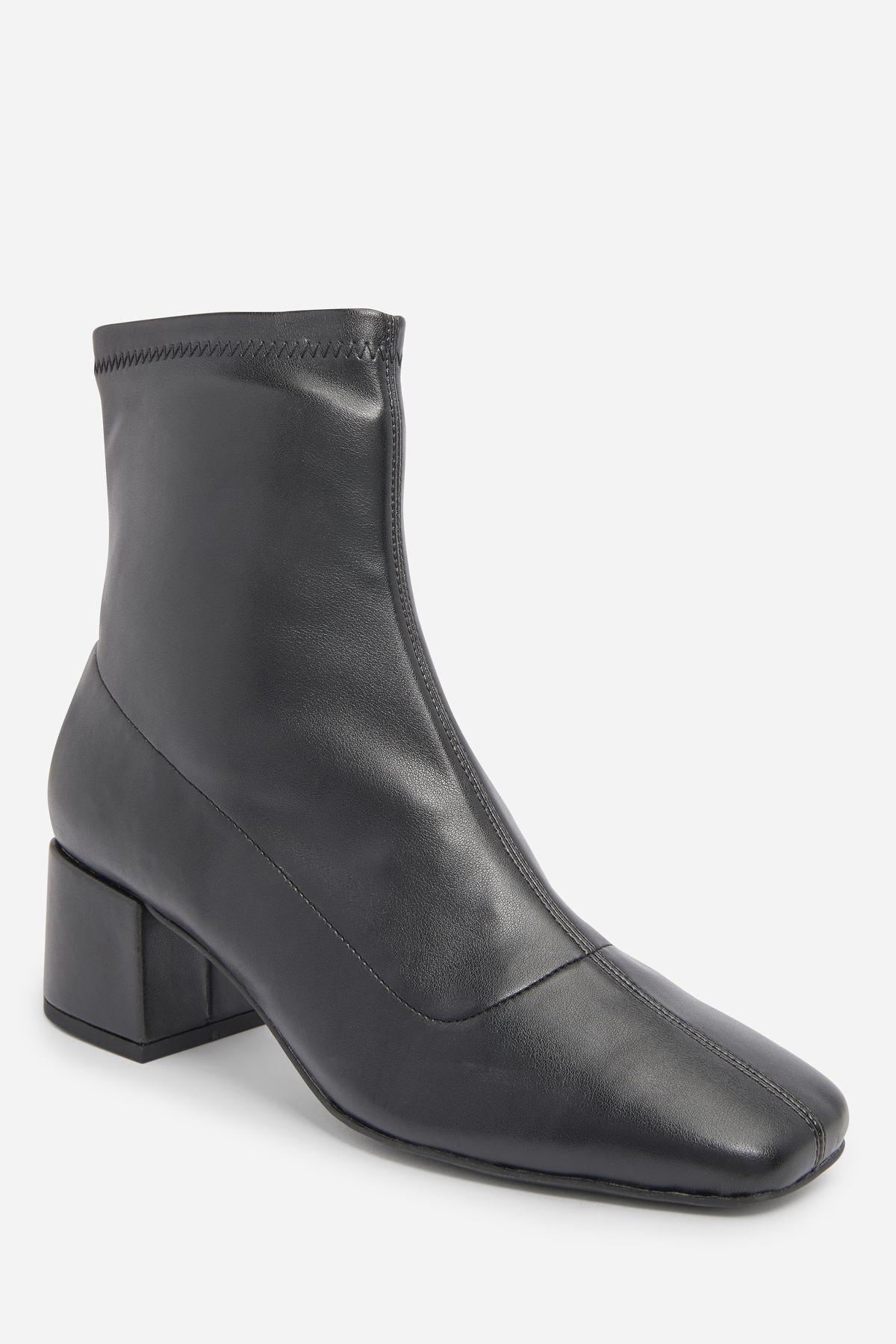 Black leather ankle boots with block heel and side zip detail