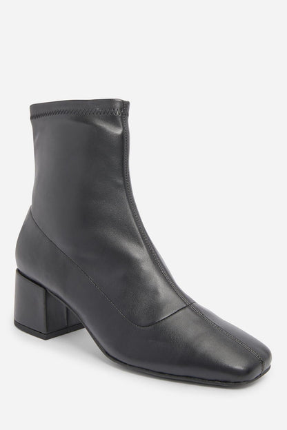 Black leather ankle boots with block heel and side zip detail