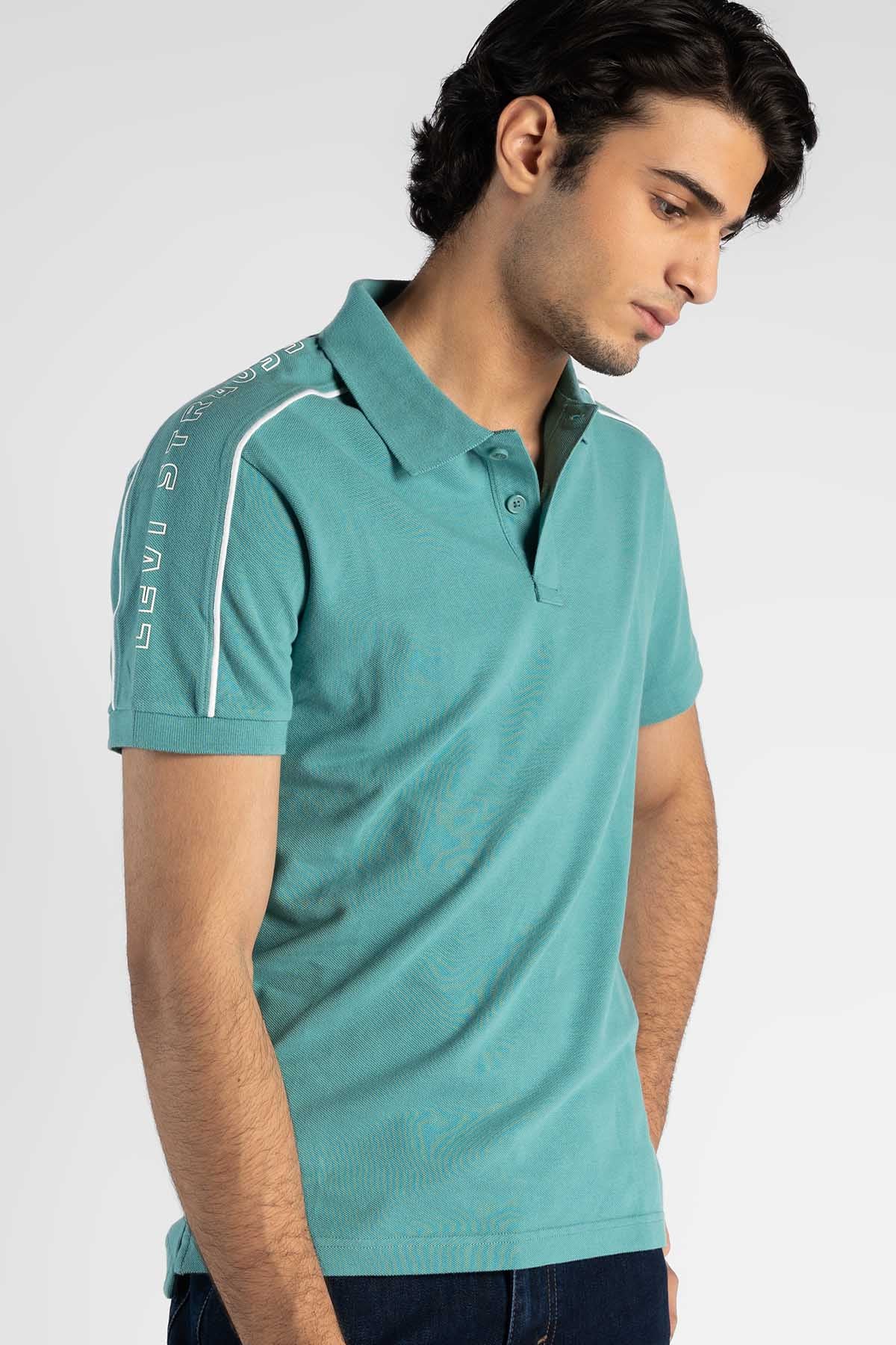 Levi's teal polo shirt with striped sleeve detail and buttoned collar