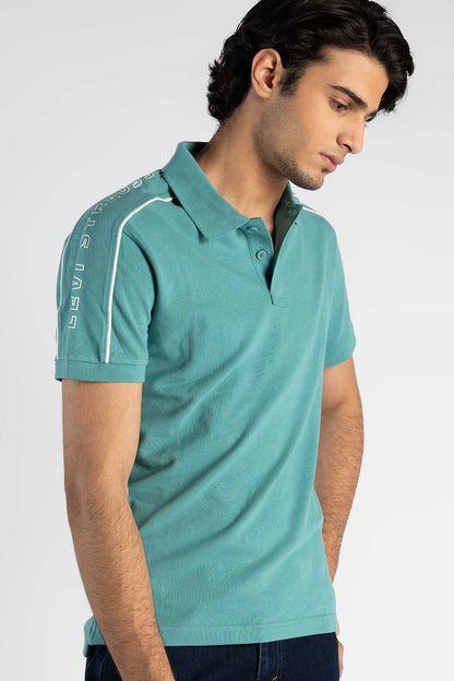 Levi's teal polo shirt with striped sleeve detail and buttoned collar
