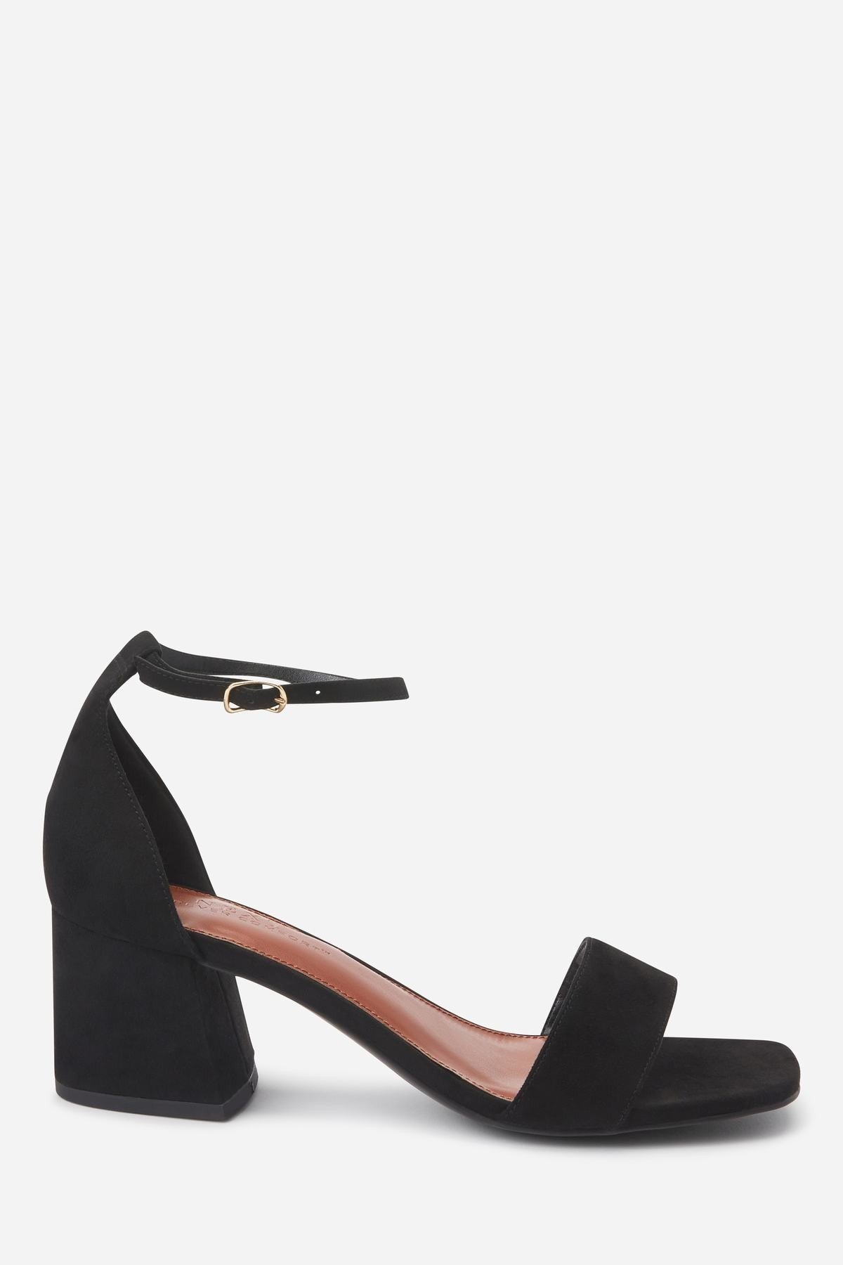 Black block-heel ankle-strap sandal with open toe and gold buckle