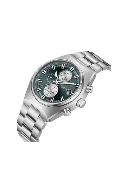 Silver metal chronograph watch, dark green face with pushers and subdials