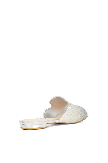 Dune London pewter glitter slide mule with open toe and low sole