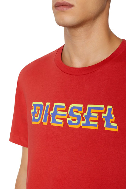 Red crewneck T-shirt closeup with multicolor DIESEL logo print