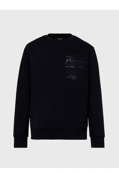 Black crewneck sweatshirt with large center typographic graphic