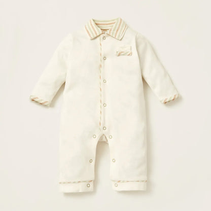 BABYSHOP baby romper with striped collar, snap buttons, and long sleeves