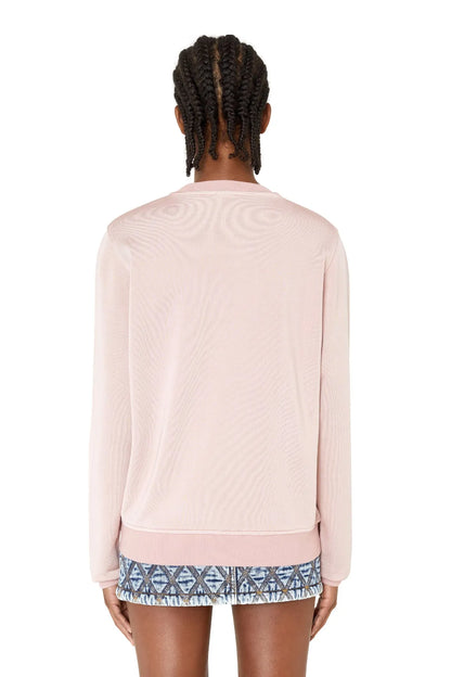 Pink crewneck sweatshirt with long sleeves, back view