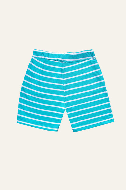 Turquoise striped swim shorts with elastic waistband and drawstring