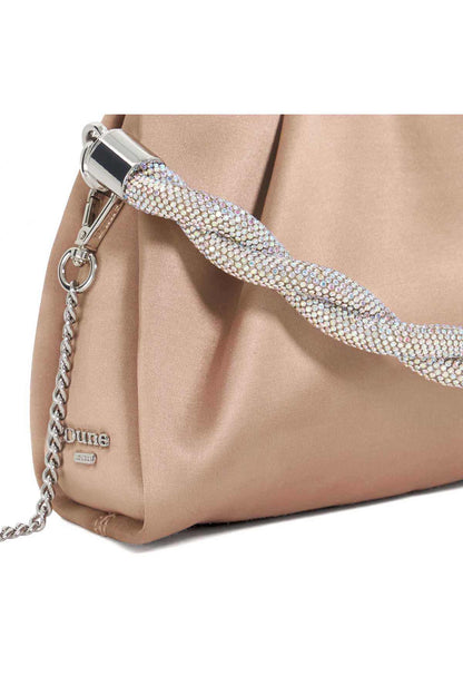 Mink mini shoulder bag close-up of chain strap and Dune logo patch