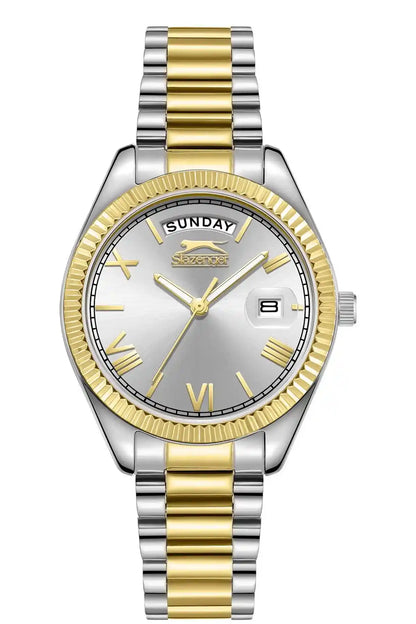 Two-tone SLAZENGER wristwatch with gold bezel, silver dial, and day-date at 3