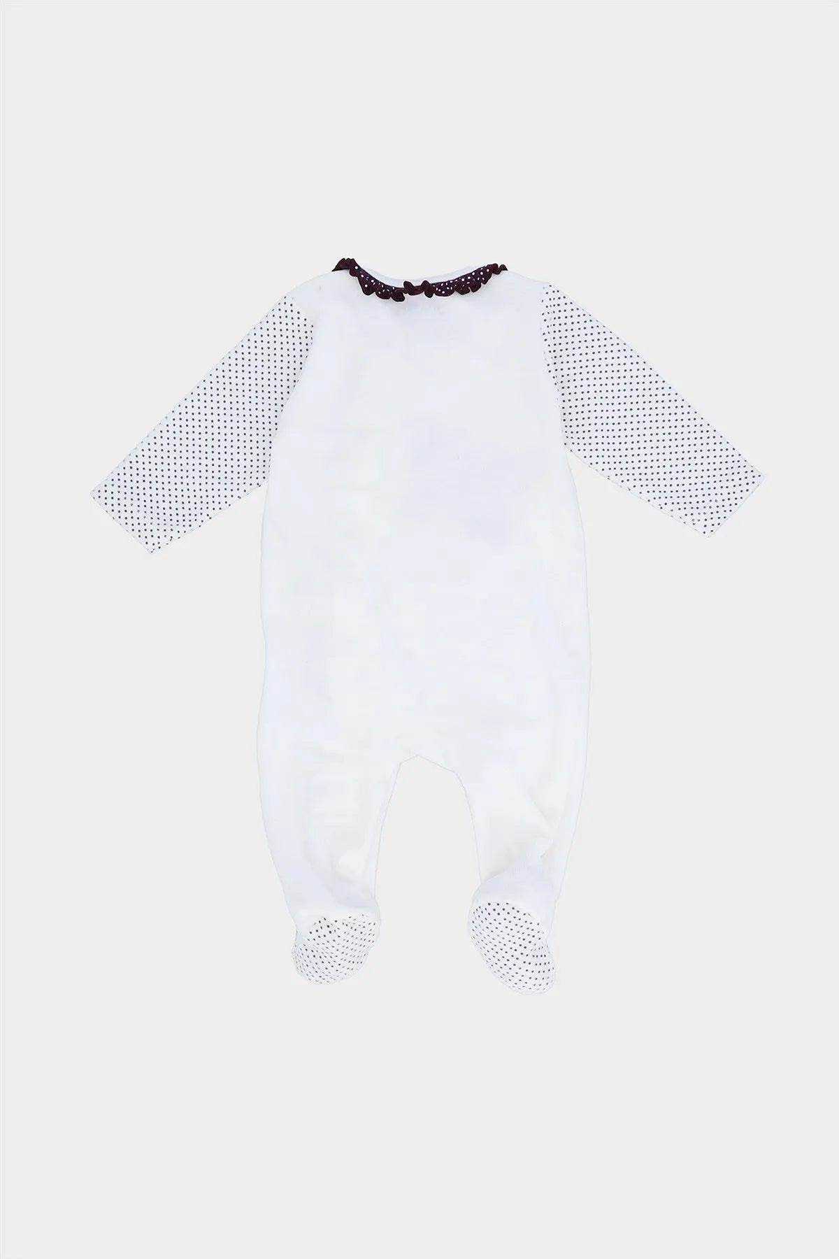 BABYSHOP baby footed onesie, white with purple trim and ruffled collar