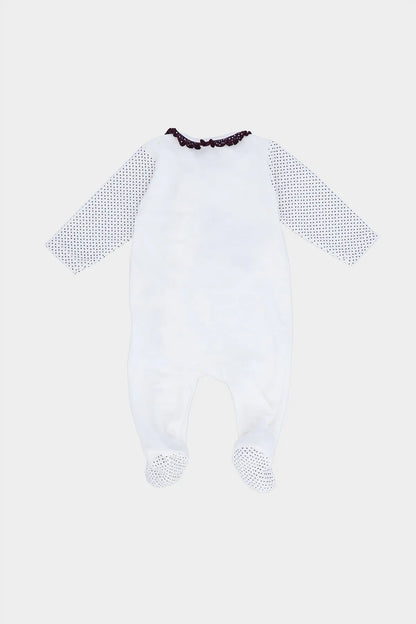 BABYSHOP baby footed onesie, white with purple trim and ruffled collar