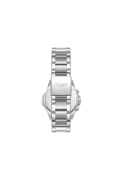 Silver stainless steel watch case back and bracelet with clasp