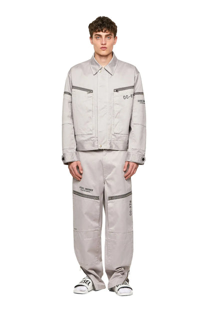 Light grey cropped jacket and cargo pants set with stand collar and zip chest pockets