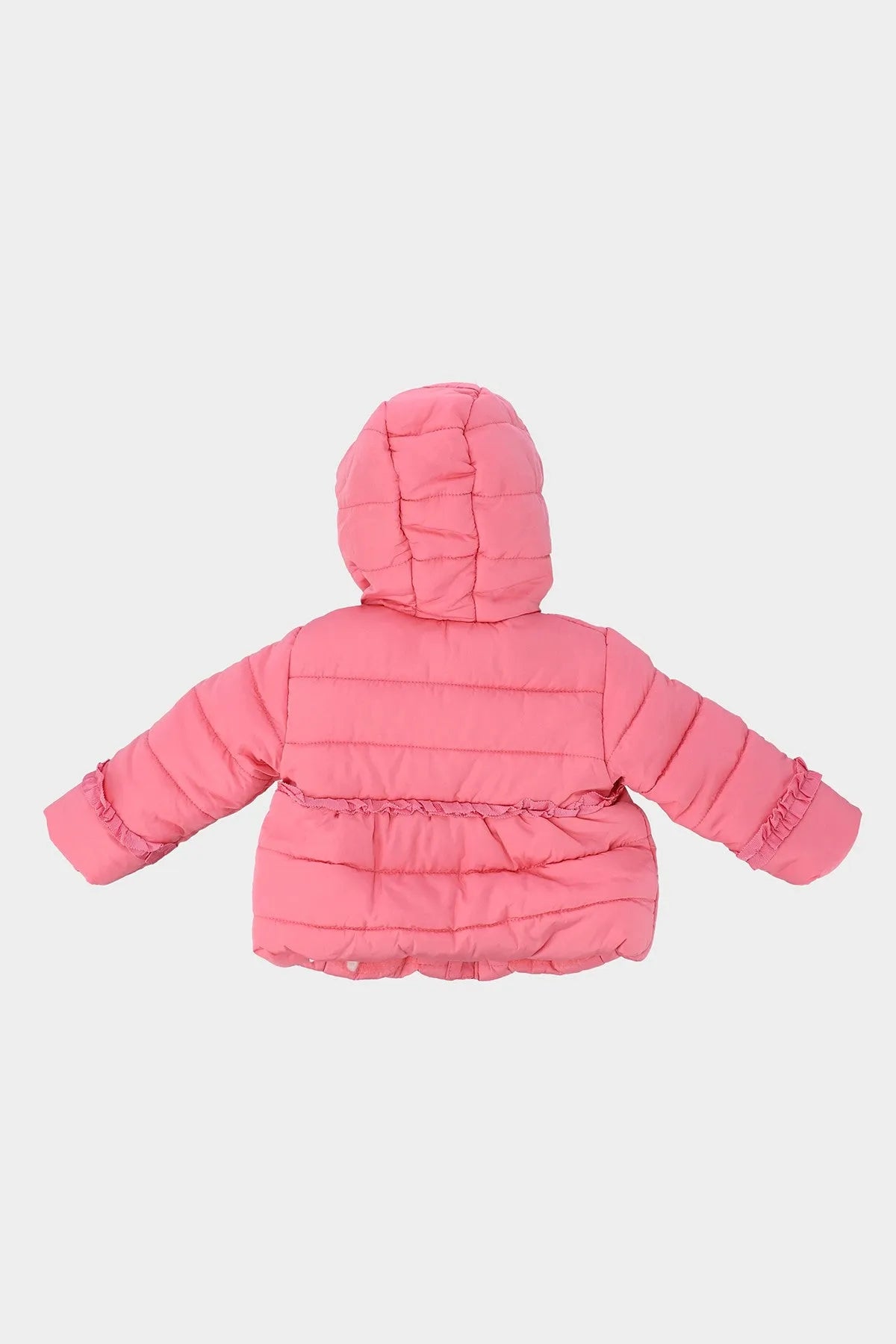 Pink puffer baby jacket with hood and full-length zip, back view