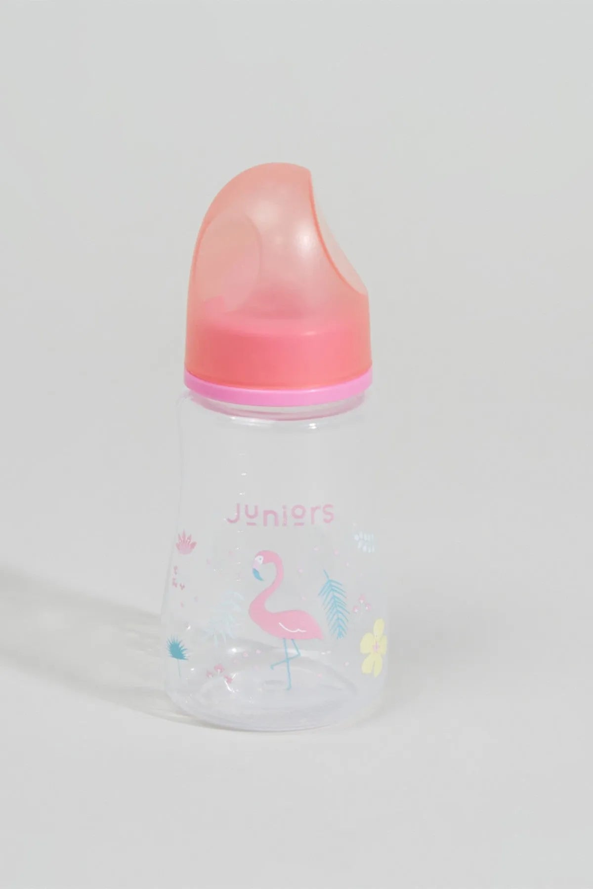 BABYSHOP junior baby bottle with pink teat and flamingo print on clear body