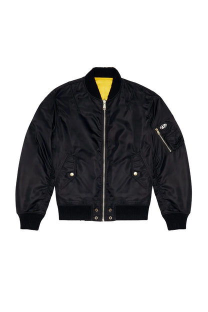Diesel black bomber jacket with yellow lining at collar, full-zip and sleeve patch.
