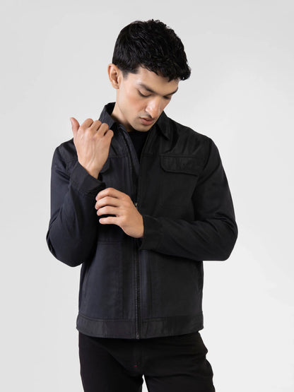 Men's dark cotton zip-up jacket with stand collar and chest pocket
