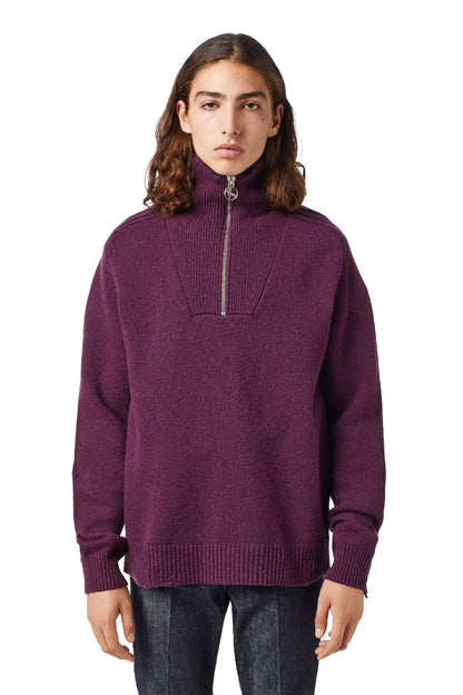 Diesel violet knit half-zip sweater with ribbed cuffs and hem, front view