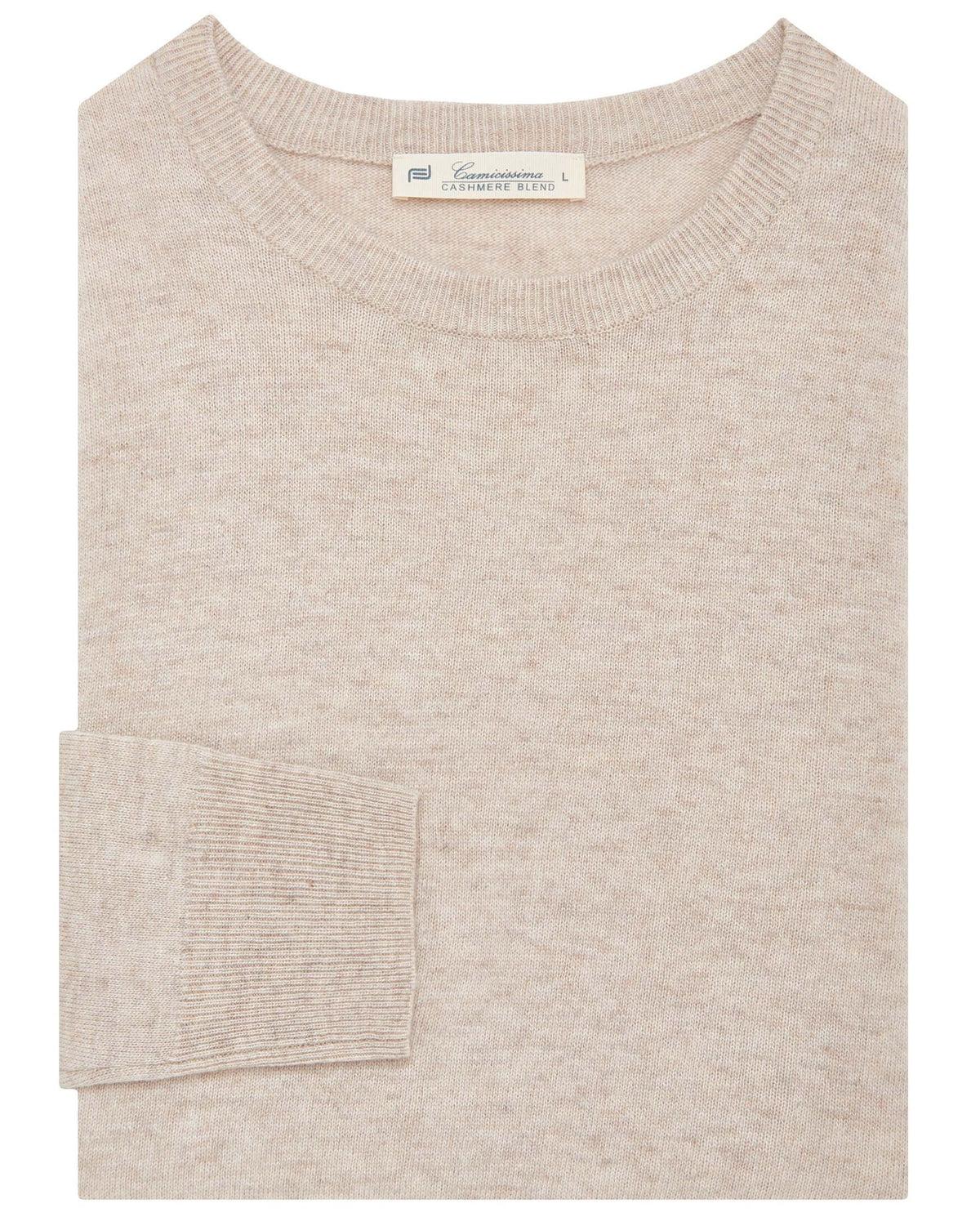 Cream knit sweater with ribbed crew neck and ribbed cuffs