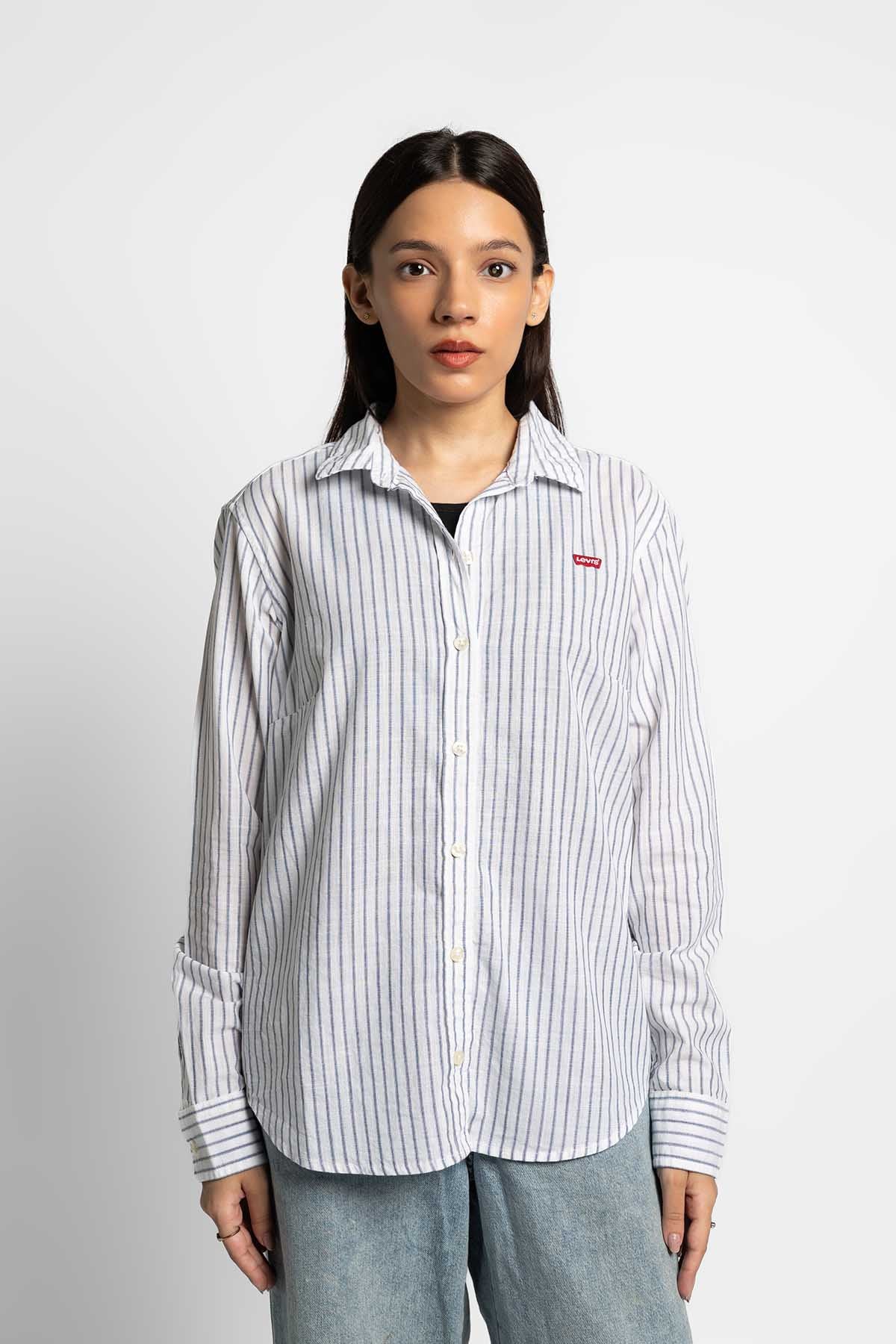 Levi's white and light-blue striped button-up shirt with collar and logo