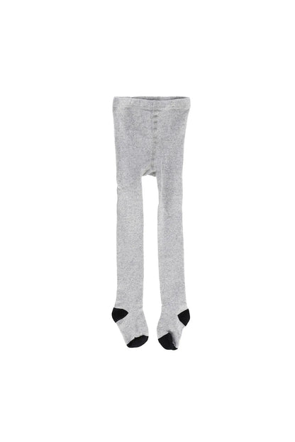 Grey baby footed tights with speckled pattern and black heel and toe