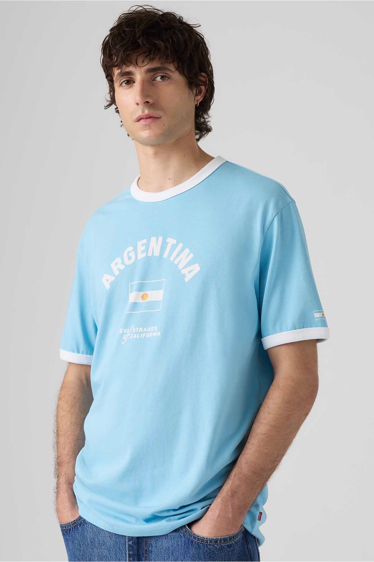 Sky blue crew-neck T-shirt with white-trim sleeves and chest graphic